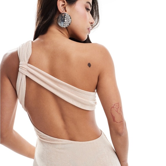 ASOS Design Slinky Knot Asymmetric Maxi Dress Light Pink One Shoulder Cutout 0/2 - Picture 3 of 8